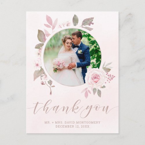 Elegant Pink Rose Floral Wedding Photo Thank You Postcard