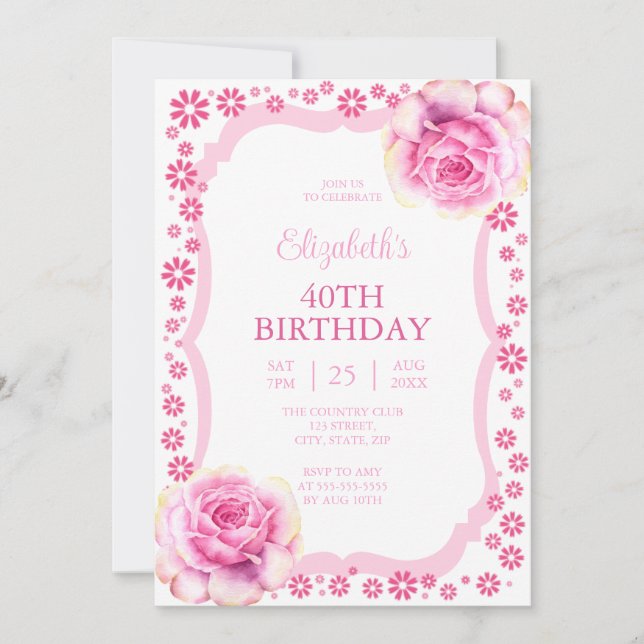 Elegant Pink Rose Floral White 40th Birthday  Invitation (Front)