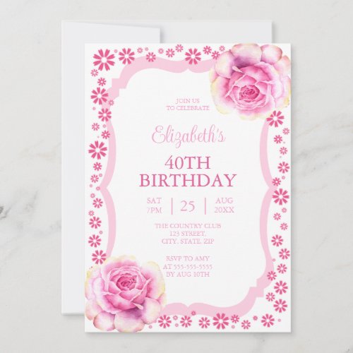 Elegant Pink Rose Floral White 40th Birthday  Invitation