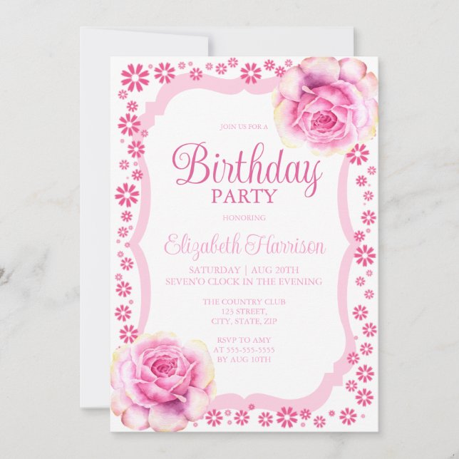 Elegant Pink Rose Floral White Birthday Party Invitation (Front)