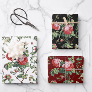 Elegant Pink Rose Floral-White, Black & Ruby BG Wrapping Paper Sheets