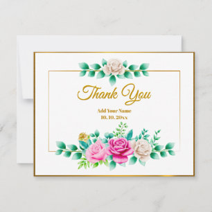 Elegant Pink Rose Floral with Thank You Gold Frame Note Card
