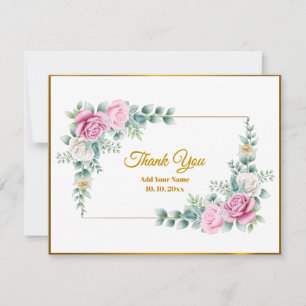 Elegant Pink Rose Floral with Thank You Gold Frame Note Card