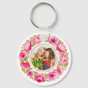Elegant Pink Rose Floral Wreath Custom Photo Keychain