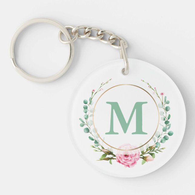 Elegant Pink Rose Floral Wreath Monogram Acrylic Keychain (Front)