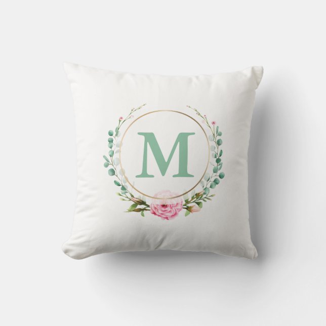Elegant Pink Rose Floral Wreath with Your Monogram Throw Pillow (Front)