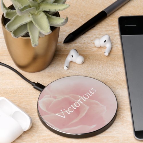 Elegant Pink Rose Flower with Victorious Quote  Wireless Charger