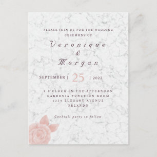 Elegant pink rose foil marble wedding invitation postcard