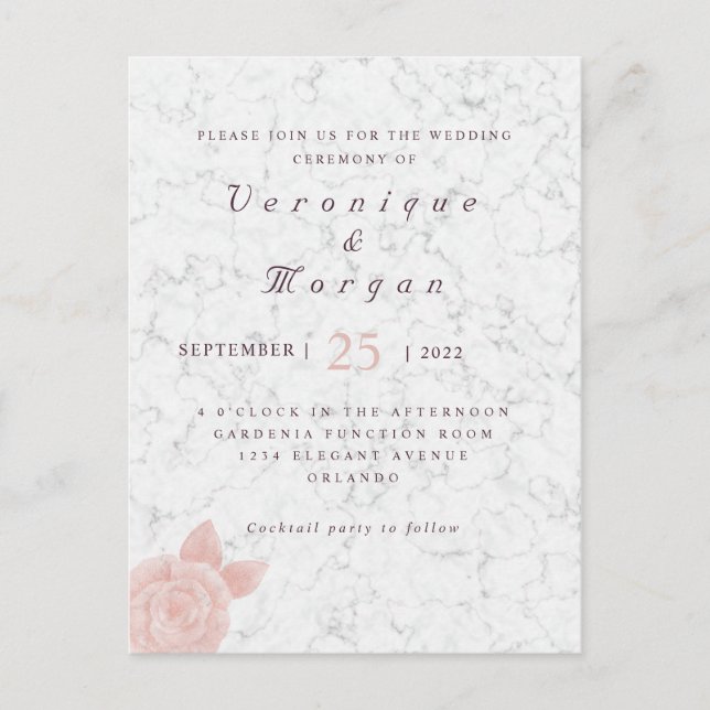 Elegant pink rose foil marble wedding invitation postcard (Front)