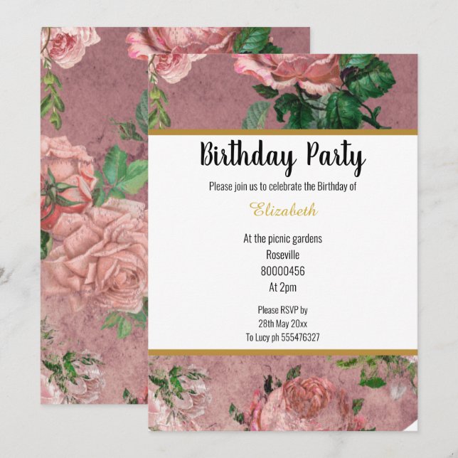 ELEGANT PINK ROSE GARDEN  FLORAL BIRTHDAY INVITATION (Front/Back)