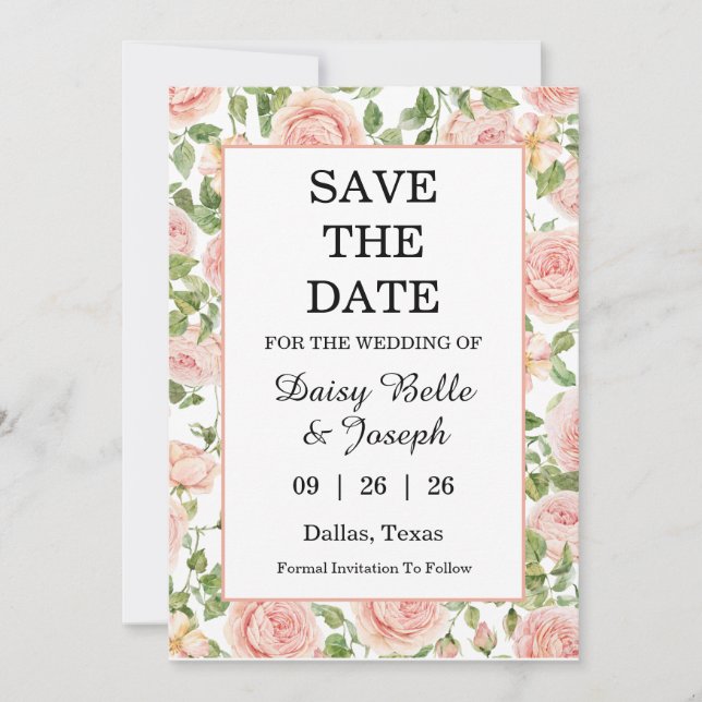 Elegant Pink Rose Garden  Save The Date (Front)