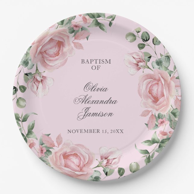 Elegant Pink Rose Girl's Baptism Paper Plates (Front)