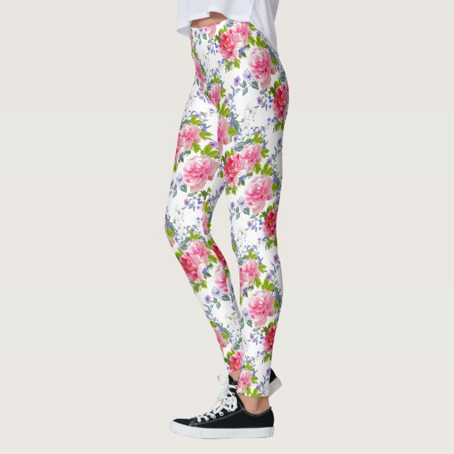 Elegant Pink Rose Girly Chic Floral Pattern Leggings (Left)