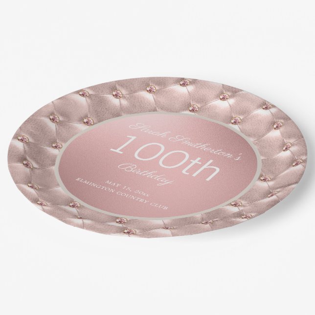 Elegant Pink Rose Gold 100th Birthday Paper Plates (Angled)