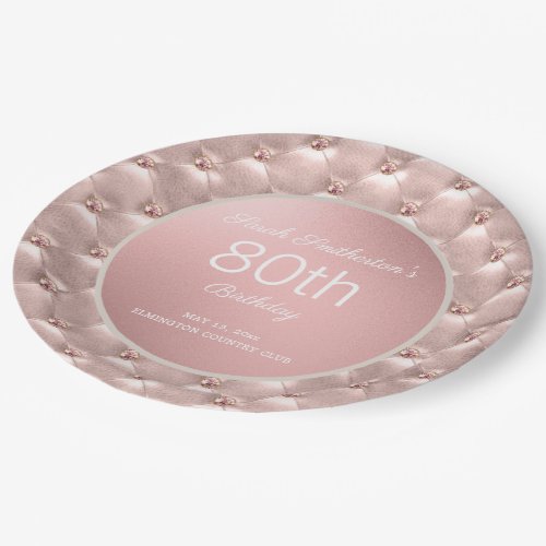 Elegant Pink Rose Gold 80th Birthday Paper Plates