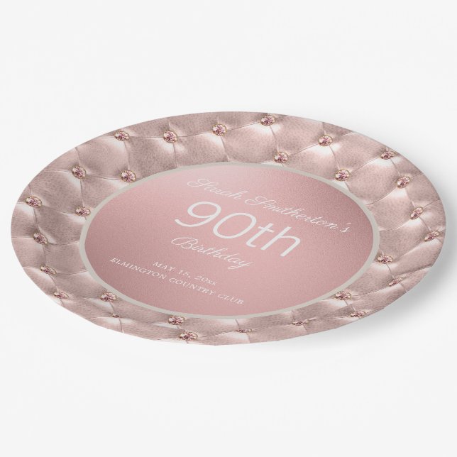 Elegant Pink Rose Gold 90th Birthday Paper Plates (Angled)