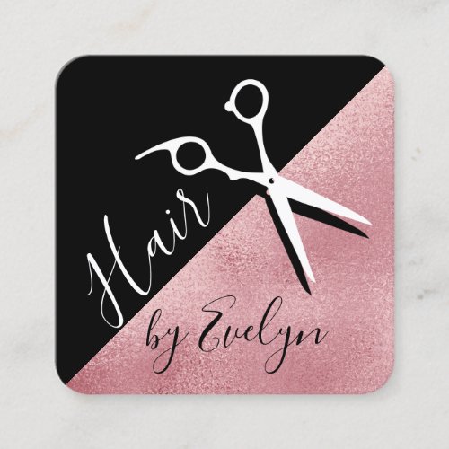Elegant pink rose gold black scissors hairstylist square business card