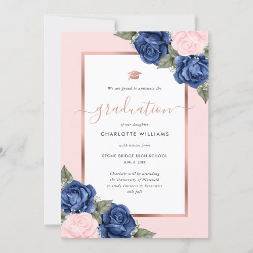 Elegant Pink Rose Gold Blue Floral Graduation Announcement
