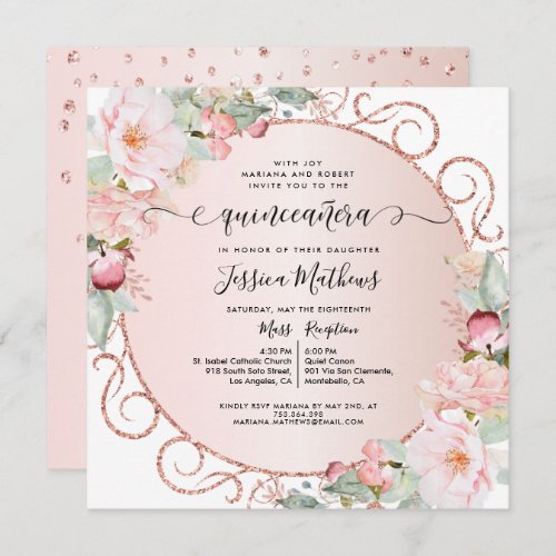 Elegant Pink Rose Gold Blush Floral Quinceanera Invitation