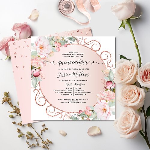 Elegant Pink Rose Gold Blush Floral Quinceanera Invitation