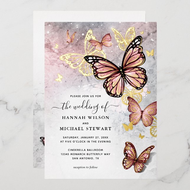 Elegant Pink Rose Gold Butterfly Wedding Real Foil Invitation (Front/Back)