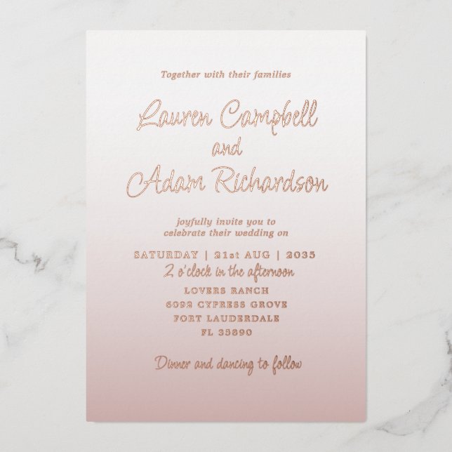 Elegant Pink & Rose Gold Calligraphy Wedding Foil Invitation (Front)