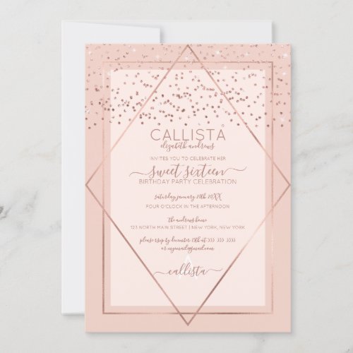 Elegant Pink Rose Gold Confetti Border Sweet 16 Invitation