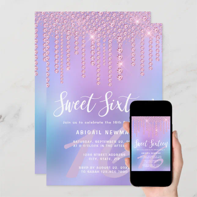 Elegant Pink Rose Gold Diamond Drips Sweet Sixteen Invitation Zazzle