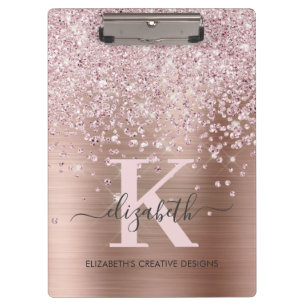 Elegant Pink Rose Gold Diamond Glitter Monogrammed Clipboard