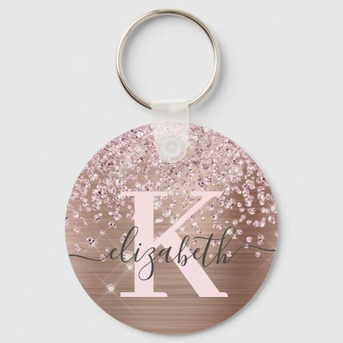 Elegant Pink Rose Gold Diamond Glitter Monogrammed Keychain