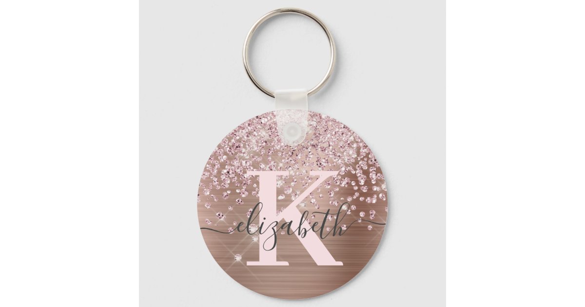 Shiny Rose Gold Pink Glitter Custom Name Monogram Keychain, Zazzle