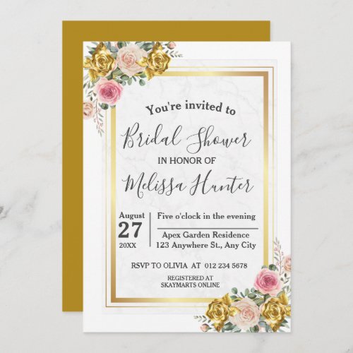 Elegant Pink Rose Gold Eucalyptus Bridal Shower Invitation