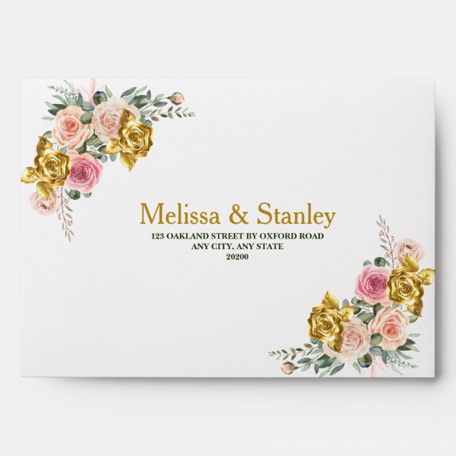 Elegant Pink, Rose Gold Eucalyptus Floral Wedding Envelope (Front)