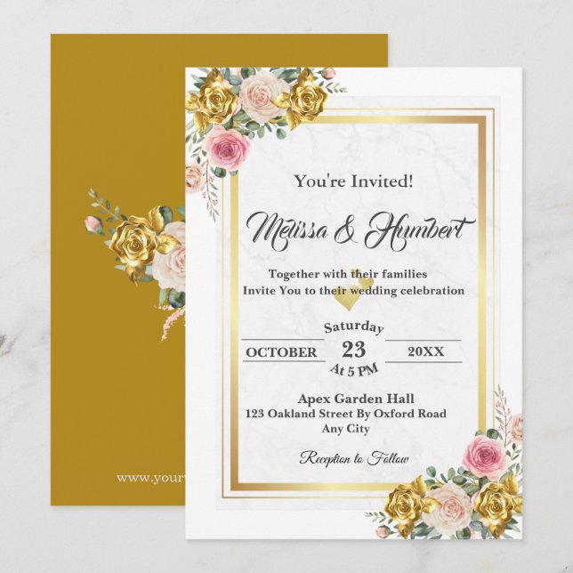 Elegant Pink, Rose Gold Eucalyptus Floral Wedding  Invitation (Front/Back)
