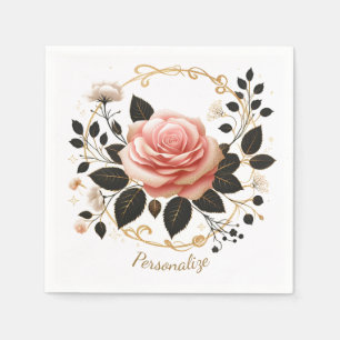 Elegant Pink Rose & Gold Floral Art Personalize Napkins