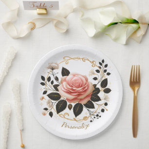 Elegant Pink Rose & Gold Floral Art Personalize Paper Plates