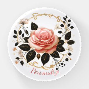 Elegant Pink Rose & Gold Floral Art Personalize Paperweight