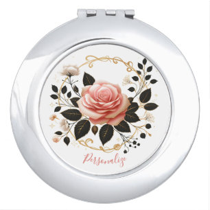 Elegant Pink Rose & Gold Floral Art Personanalize Compact Mirror