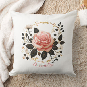 Elegant Pink Rose & Gold Floral Art Personanalize Throw Pillow