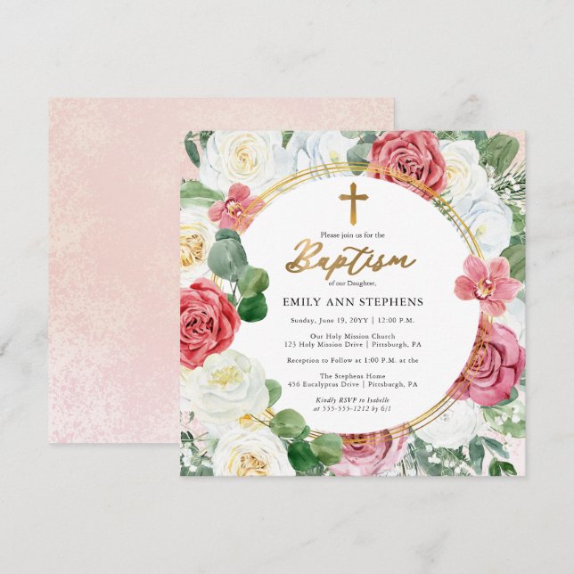 Elegant Pink Rose | Gold Floral Frame Girl Baptism Invitation (Front/Back)