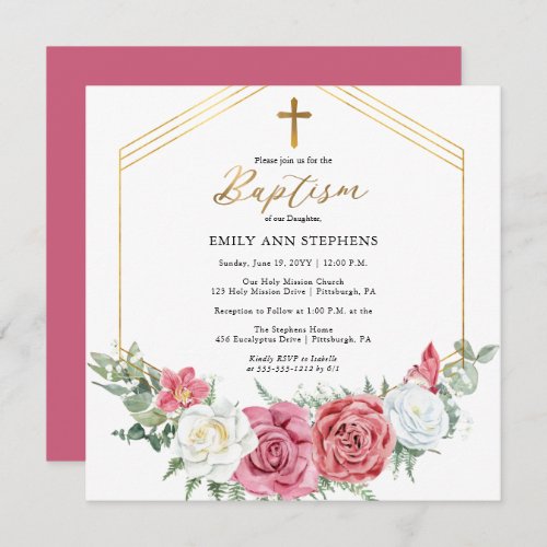 Elegant Pink Rose  Gold Floral Frame Girl Baptism Invitation