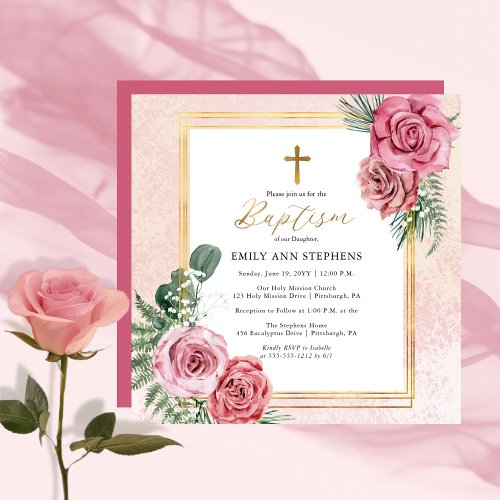 Elegant Pink Rose Gold Floral Frame Girl Baptism Invitation