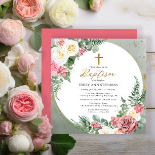 Elegant Pink Rose Gold Floral Frame Girl Baptism Invitation