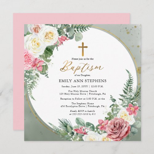 Elegant Pink Rose Gold Floral Frame Girl Baptism  Invitation