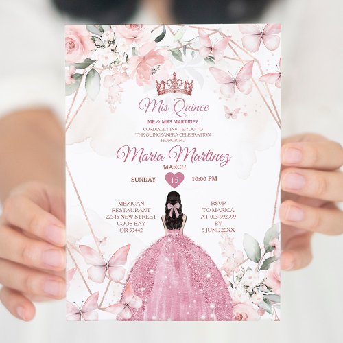 Elegant Pink Rose Gold Floral Princess Mis Quince Invitation