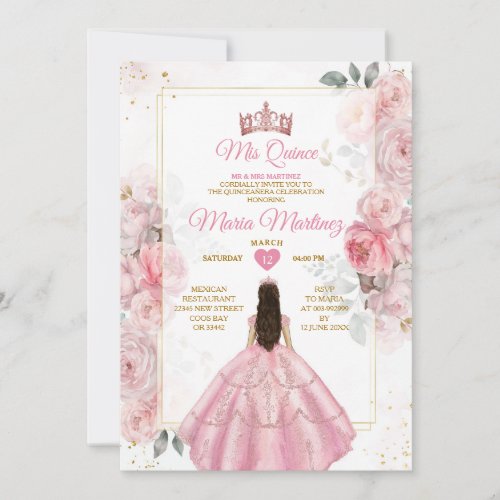 Elegant Pink Rose Gold Floral Princess Mis Quince Invitation