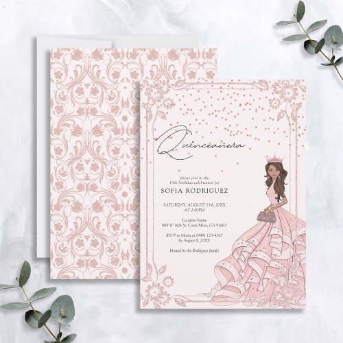 Elegant Pink Rose Gold Floral Quinceanera Birthday Invitation