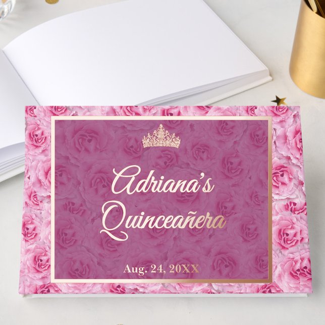 Elegant Pink Rose Gold Floral Quinceanera Foil Guest Book (Creator Uploaded)