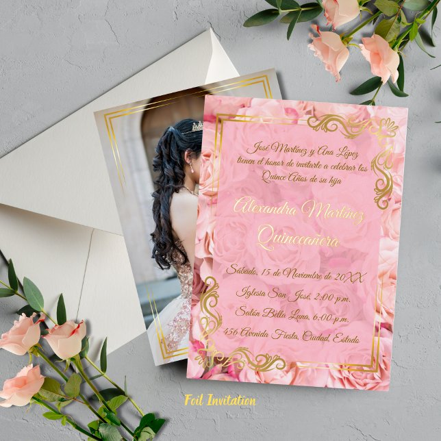 Elegant Pink Rose Gold Floral Quinceañera Foil Invitation (Creator Uploaded)