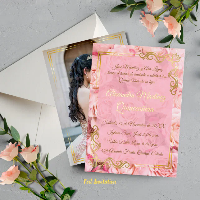 Elegant Pink Rose Gold Floral Quinceañera Foil Invitation
